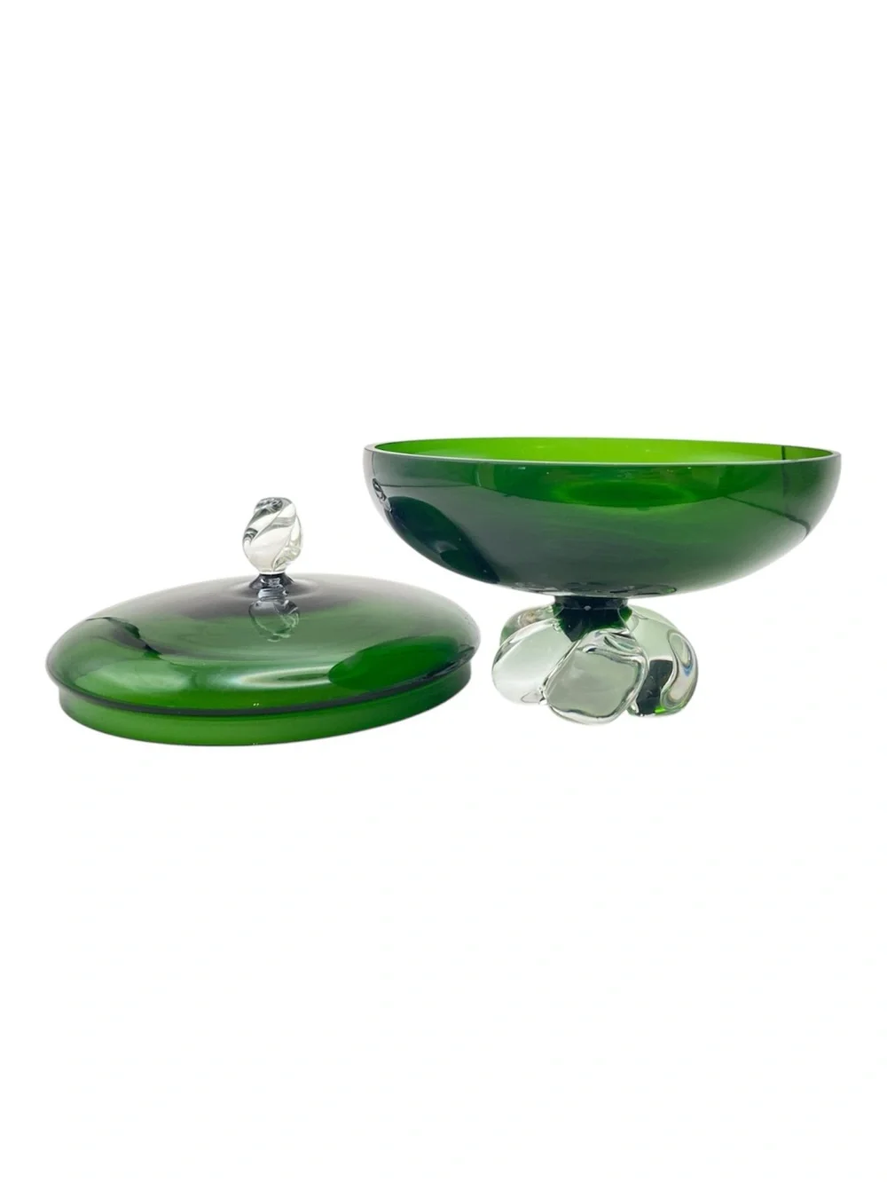 Vintage Seda Sweden Studio Glass Bonbonniere Green Clear Lidded Trinket Dish MCM